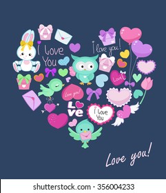 Postcard with cute animals heart shape for Valentine's Day, birthday, congratulations