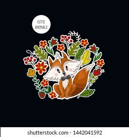 Postcard with cute baby fox and flowers for kids. Vector.