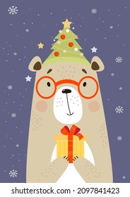 Postcard with cute bear in glasses in hat with Christmas tree and gift on purple background with snowflakes. Vertical vector illustration in flat style. card for print and design