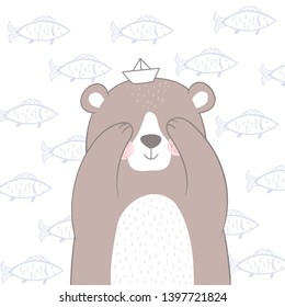 Postcard cute bear with a ship on the background of fish.