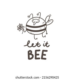Postcard with a cute bee. Vector print insect. Funny doodle character poster.