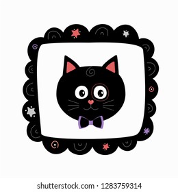Postcard with cute black cat in the frame. Valentine's Day concept.