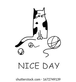 Postcard. Cute black spotted cat play with yarn ball. Great for postcards, stickers, fabric and textile. White isolated background. Vector illustration.