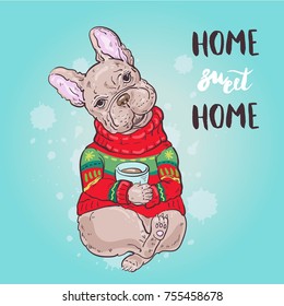 Postcard with a cute bulldog. Home Sweet Home. Vector illustration