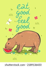 Postcard with a cute capybara and an inscription. Vector graphics.