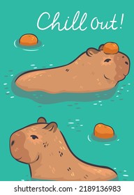 Postcard with a cute capybara and an inscription. Vector graphics.