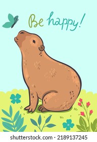 Postcard with a cute capybara and an inscription. Vector graphics.