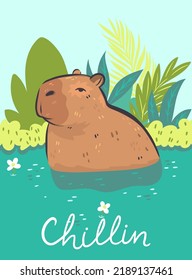 Postal con un tierno capibara y una inscripción. Gráficos vectoriales.