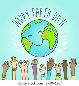 Postcard with cute cartoon Earth globe and hands of people of different nationalities . Vector illustration.