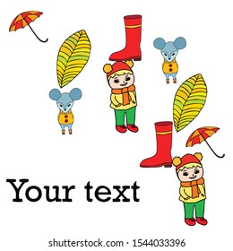 Postcard with cute cartoon girl, umbrella and mouse. Rainy weather. Falling leaves. Vector image.