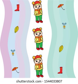 Postcard with cute cartoon girl, umbrella and mouse. Rainy weather. Falling leaves. Vector image.