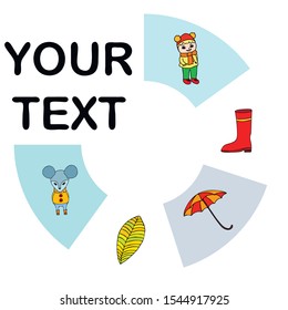 Postcard with cute cartoon girl, umbrella and mouse. Rainy weather. Falling leaves. Vector image.