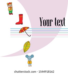 Postcard with cute cartoon girl, umbrella and mouse. Rainy weather. Falling leaves. Vector image.