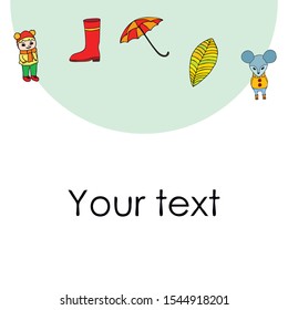 Postcard with cute cartoon girl, umbrella and mouse. Rainy weather. Falling leaves. Vector image.