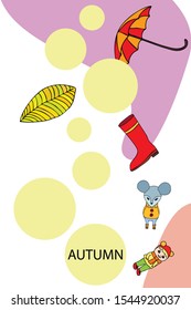 Postcard with cute cartoon girl, umbrella and mouse. Rainy weather. Falling leaves. Vector image.