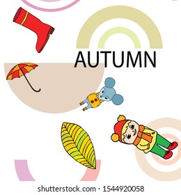 Postcard with cute cartoon girl, umbrella and mouse. Rainy weather. Falling leaves. Vector image.