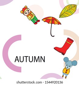 Postcard with cute cartoon girl, umbrella and mouse. Rainy weather. Falling leaves. Vector image.