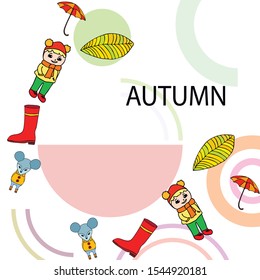 Postcard with cute cartoon girl, umbrella and mouse. Rainy weather. Falling leaves. Vector image.