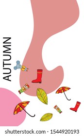 Postcard with cute cartoon girl, umbrella and mouse. Rainy weather. Falling leaves. Vector image.