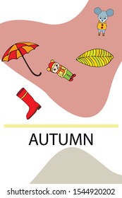 Postcard with cute cartoon girl, umbrella and mouse. Rainy weather. Falling leaves. Vector image.