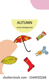 Postcard with cute cartoon girl, umbrella and mouse. Rainy weather. Falling leaves. Vector image.