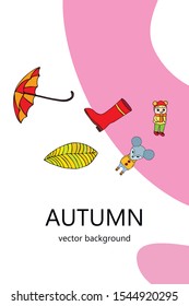 Postcard with cute cartoon girl, umbrella and mouse. Rainy weather. Falling leaves. Vector image.