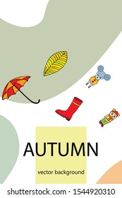 Postcard with cute cartoon girl, umbrella and mouse. Rainy weather. Falling leaves. Vector image.