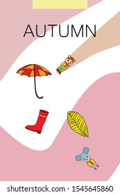 Postcard with cute cartoon girl, umbrella and mouse. Rainy weather. Falling leaves. Vector image.