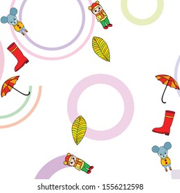 Postcard with cute cartoon girl, umbrella and mouse. Rainy weather. Falling leaves. Vector image.