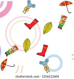 Postcard with cute cartoon girl, umbrella and mouse. Rainy weather. Falling leaves. Vector image.