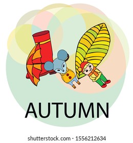 Postcard with cute cartoon girl, umbrella and mouse. Rainy weather. Falling leaves. Vector image.