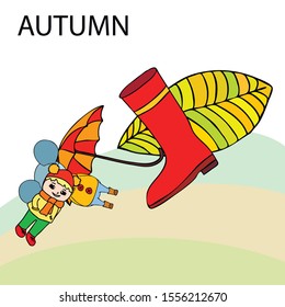 Postcard with cute cartoon girl, umbrella and mouse. Rainy weather. Falling leaves. Vector image.