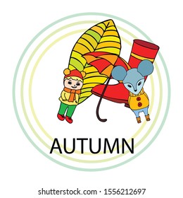 Postcard with cute cartoon girl, umbrella and mouse. Rainy weather. Falling leaves. Vector image.