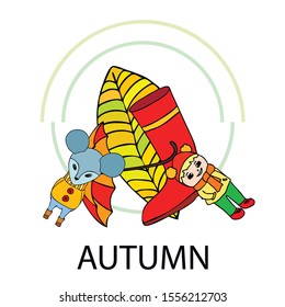 Postcard with cute cartoon girl, umbrella and mouse. Rainy weather. Falling leaves. Vector image.