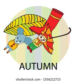 Postcard with cute cartoon girl, umbrella and mouse. Rainy weather. Falling leaves. Vector image.