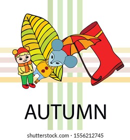 Postcard with cute cartoon girl, umbrella and mouse. Rainy weather. Falling leaves. Vector image.