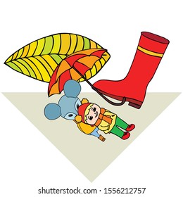 Postcard with cute cartoon girl, umbrella and mouse. Rainy weather. Falling leaves. Vector image.