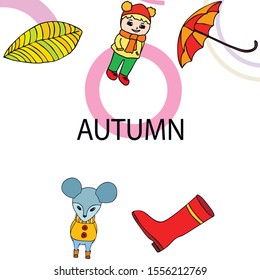 Postcard with cute cartoon girl, umbrella and mouse. Rainy weather. Falling leaves. Vector image.