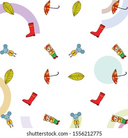 Postcard with cute cartoon girl, umbrella and mouse. Rainy weather. Falling leaves. Vector image.