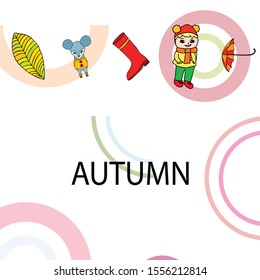 Postcard with cute cartoon girl, umbrella and mouse. Rainy weather. Falling leaves. Vector image.