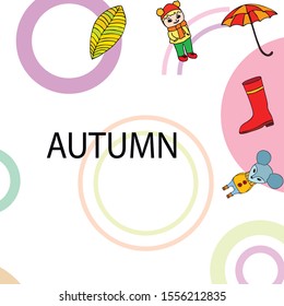 Postcard with cute cartoon girl, umbrella and mouse. Rainy weather. Falling leaves. Vector image.
