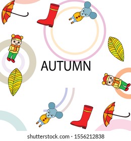 Postcard with cute cartoon girl, umbrella and mouse. Rainy weather. Falling leaves. Vector image.