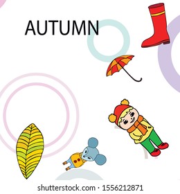 Postcard with cute cartoon girl, umbrella and mouse. Rainy weather. Falling leaves. Vector image.