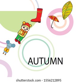 Postcard with cute cartoon girl, umbrella and mouse. Rainy weather. Falling leaves. Vector image.