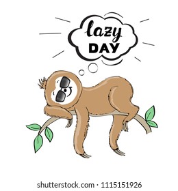 the postcard with cute cartoon sloth on the tree, and the inscription is a lazy day