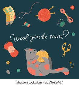 Postcard with a cute cat and items for needlework. Vector graphics.