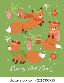 Postcard with cute Christmas foxes in hats and scarves. Vector graphics.