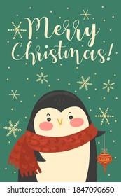 Postcard with cute Christmas penguin. Vector graphics.