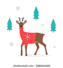 Postcard with a cute deer in a red sweater, on the background of Christmas trees. Merry Christmas and Happy New Year