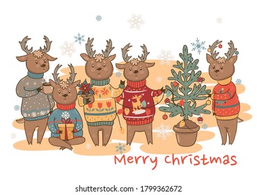 Postcard with cute deer in sweaters Merry Christmas. Vector graphics.